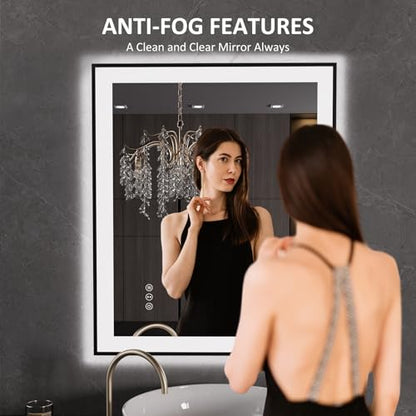 LOAAO 30"X36" LED Bathroom Mirror Black Framed | Anti-Fog, Dimmable, Memory Function, Tempered Glass, Lighted Vanity Mirror for Wall - size: 30"L x 36"W