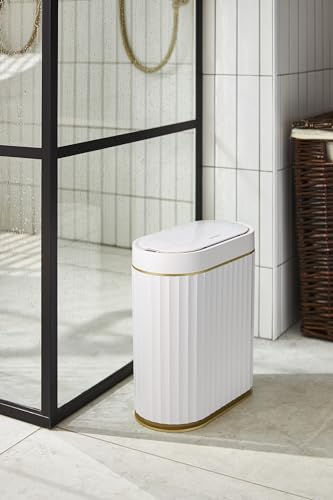 ELPHECO Bathroom Trash Can with Lid, 2 Gallon, Motion Sensor, White Gold | Automatic Garbage Can, IPX5 Waterproof Plastic Wastebasket, Trash Bin for Bathroom, Bedroom, Kitchen and Office - color: White Gold