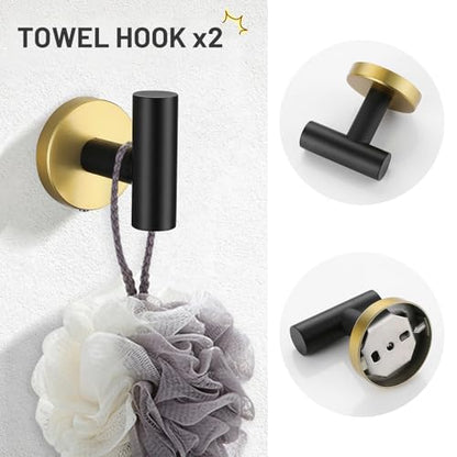 TURS Black and Gold 5 Piece Bathroom Hardware Set, SUS304 Stainless Steel Gold Black Towel Bar Set, 24 Inch Rould Bathroom Accessories Kit Wall Mounted - color: Black&gold