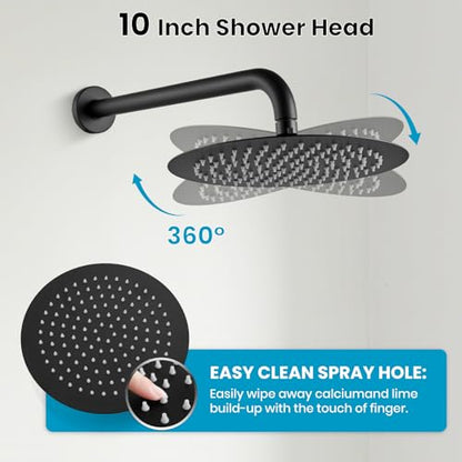 gotonovo Shower Faucet Set with Rough-in Valve Trim Kit,Matte Black | 10 Inch Round Rain Showerhead with Handheld Spray,Bathroom Wall Mount Shower System Complete Combo,2-in-1 Diverter,All Metal - color: Black