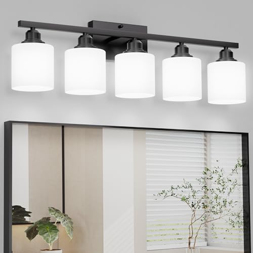 5-Light Bathroom Light Fixtures Over Mirror, Matte Black Vanity Lights, Modern Bathroom Vanity Light, Glass Shade & Anti-Rust Nickel Finished, Bathroom Light for Small Space - color: Black-5 Light