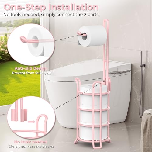 TomCare Toilet Paper Holder Stand Free Standing, Holds 4 Mega Rolls, Pink | Tool-Free Assembly, Detachable Metal Wire Frame, Powder-Coated Finish, Easy Storage and Flexible Bathroom Placement - color: Pink, size: Standard
