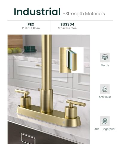 APPASO 2 Handles 4 Hole Kitchen Faucet with Pull Down Sprayer Brushed Gold | Gold Kitchen Faucets with Soap Dispenser, Modern High Arc Stainless Steel for 3 & 4 Hole Sinks, Spot Free, Easy to Install - color: 1-Brushed Gold
