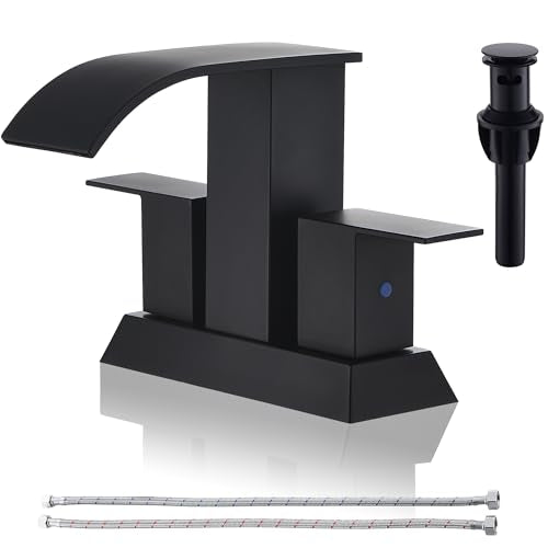Black Waterfall Bathroom Faucet - 4Inch 2 or 3 Holes Centerset Faucet Bathroom | Two Handles Widespread Lavatory Vanity Sink Faucets with Overflow Pop-up Drain & Supply Lines Matte Black - color: B-Matte Black 4In
