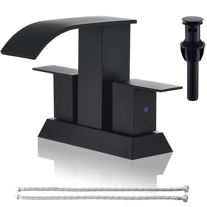 Black Waterfall Bathroom Faucet - 4Inch 2 or 3 Holes Centerset Faucet Bathroom | Two Handles Widespread Lavatory Vanity Sink Faucets with Overflow Pop-up Drain & Supply Lines Matte Black - color: B-Matte Black 4In