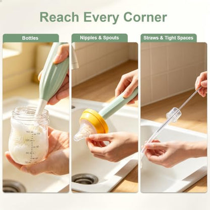Baby Bottle Brush Set with Soap Dispenser, Foaming Brush & Drying Stand | Soft Silicone Bristles, Fan-Shaped Deep Cleaning Head, 3-Piece Kit with Nipple & Straw Brushes, Quick-Dry Storage, BPA-Free