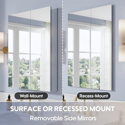 28" x 36" Bathroom Medicine Cabinet with Mirror, Anodized Chrome Aluminum Frame, Surface Mount or Recessed Medicine Cabinet with Mirror, Bathroom Mirror with Storage, Double Doors - size: 28"x36"-A