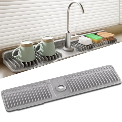 24 Inch Longer Silicone Faucet Mat, 7°Slope Fast Self-draining | Faucet Mat for Kitchen Sink, Silicone Sink Splash Guard, Fast Drying Tidy Faucet Mat Splash Guard - color: (Grey, 24x5.6 Inches)