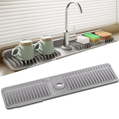 24 Inch Longer Silicone Faucet Mat, 7°Slope Fast Self-draining | Faucet Mat for Kitchen Sink, Silicone Sink Splash Guard, Fast Drying Tidy Faucet Mat Splash Guard - color: (Grey, 24x5.6 Inches)