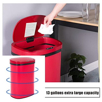 13 Gallon 50 Liter Garbage Can Kitchen Trash Can with Lid Automatic Sensor Touch Free Stainless Steel Waste Bin for Bathroom Bedroom Home Office,Red - color: Red, style: Stainless Steel