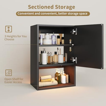 Wall Mounted Storage Cabinet with LED Light, Bathroom Over Toilet Organizer | Black Waterproof Cabinets With Adjustable Shelves, Soft Close, For Bathroom Kitchen Medicine Small Spaces, Easy to Assemble - color: Black
