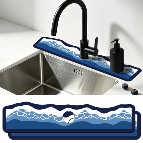 2Pcs Sea Waves Shape Kitchen Sink Splash Guard Faucet Mat Waves Pattern Faucet Mat For Bathroom Kitchen 5.51x23.62In - color: Sea Waves Shape