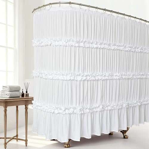 Homechoice Decor Extra Wide Shower Curtain 108"W x 72"L with 18 Buttonholes | Vintage Handcrafted Bow Tie Bath Curtain for Bathroom and Clawfoot Tub, Victorian Ruffle Bathroom Curtain, White (LQ-10) - color: White, size: 108"W x 72"L (Pack of 1)