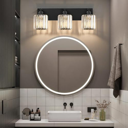 Black Crystal Bathroom Vanity Light, 3-Light Modern Bathroom Lighting Fixtures Over Mirror, Matte Black Wall Sconce Light Fixtures with Round Shade - color: Black-Round Shade, size: 3-LIGHT
