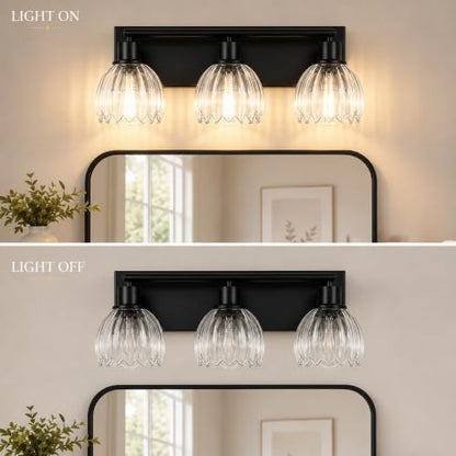 Black Bathroom Vanity Light Over Mirror, 3 Light Vanity Light Fixture with Clear Fluted Glass Shades, 18.3 Inch Wall Mount Bathroom Lighting Fixture, E26 Base