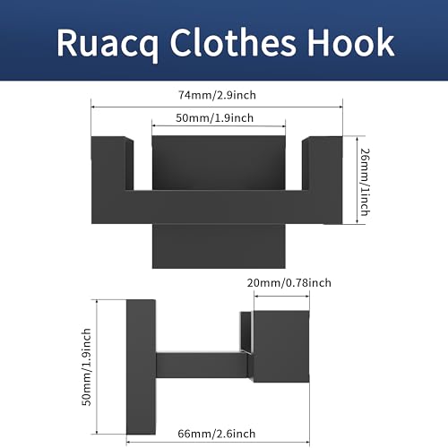 Ruacq Double Towel Hooks for Bathroom Wall Mounted, Matte Black, 1 Pack | Heavy Duty 304 Stainless Steel Hand Towel Hanger, Coat Robe Hook Holder for Kitchen Entryway Hotel, Square Base, Rustproof - color: Matte Black