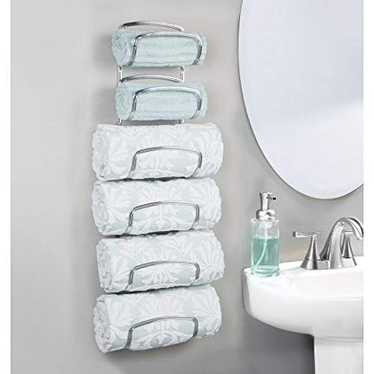 mDesign Metal Towel Shelves – Towel Rack for the Bathroom with 6 Compartments – Practical Bathroom Accessories for Both Large and Small Towels – Silver - color: Chrome