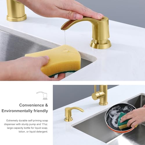 Kitchen Sink Soap Dispenser with 17 Ounce Large Bottle, G080BG | Brushed Gold, Built in Sink Soap Dispenser, Kitchen Soap Dispenser, Refill from Top - color: Gold, size: with Bottle