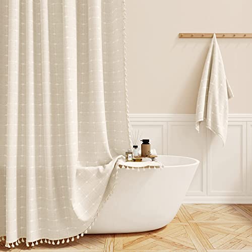 BTTN Beige Boho Farmhouse Linen Heavy Duty Shower Curtain Set, 72x72, Cream | 330GSM Linen Blend, Classic Plaid, 3-side Tassels, Water Repellent Fabric, 12 Plastic Hooks, Rustic Style, Machine Washable - color: A - Cream, size: 72"W x 72"L (Pack of 1)