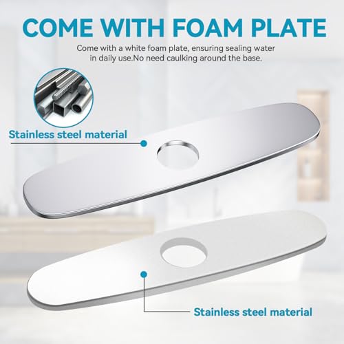 10" Kitchen Sink Deck Plate, Faucet Hole Cover, 8" Widespread, 1 or 3 Hole, 304 SS | MAYYAYA Brushed Chrome 304 stainless deck plate escutcheon; foam gasket; secures with faucet's own hardware, no extra nuts - color: Chrome