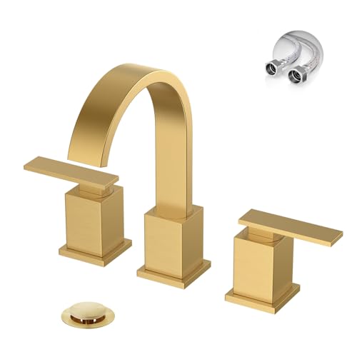 Brushed Gold Bathroom Faucet 8 Inch Widespread 3 Hole 2 Handle,Waterfall Swivel Spout Bathroom Sink Faucet with Pop Up Drain and Water Supply Line,WF011-BG - color: Brushed Gold-8 IN