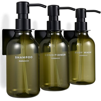 MaisoNovo Shampoo and Conditioner Dispenser|Refillable Green Set of 3 | No Drill Wall Mount - Shower Soap Dispenser · Holds Body Wash or Hand Soap · Wall Soap Dispenser - color: Green Black Set of 3