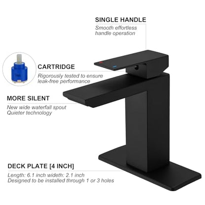 RUMOSE Bathroom Faucets 1 & 3 Hole Vanity Faucet with Drain Matte Black | Single Handle Bathroom Sink Faucet Set Waterfall Spout Kit with Deck Plate Rv Lavatory Basin Faucet, Stainless Steel - color: Matte Black