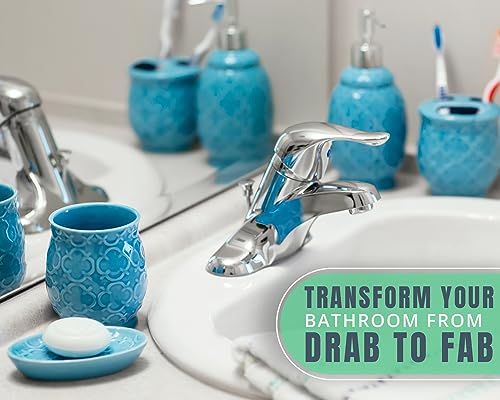 Comfify 4-Piece Bathroom Accessory Set - Ceramic Bath Set with Blue Glossy Finish - Modern Vanity Accessories Including Soap Dish, Tumbler, and Toothbrush Holder | Blue; 4-piece ceramic; Moroccan trellis embossed; dispenser, toothbrush holder, tumbler, so