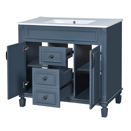 Merax 36" Bathroom Vanity with Sink, 2 Doors & 2 Drawers Storage Cabinet | Freestanding Single Bathroom Sink Vanity Cabinet Set with 36" Ceramic Sink (Sink Cabinet Only, Slate Blue) - color: Blue, style: Sink Cabinet Only