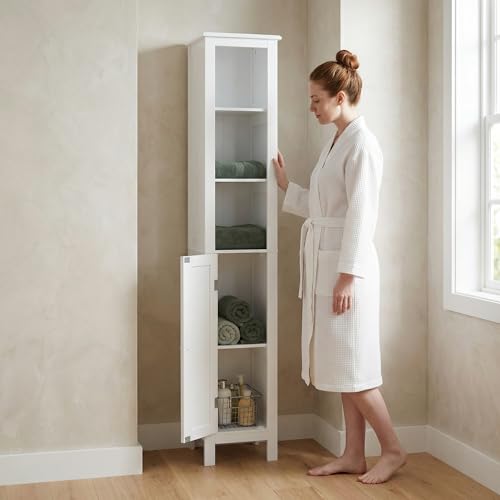 66.9" White Tall Bathroom Storage Cabinet, Slim Freestanding Narrow Linen Tower with 1 Door, Adjustable Shelves, Open Compartments & Anti-Tip Design for Small Spaces, Bathroom, Living Room
