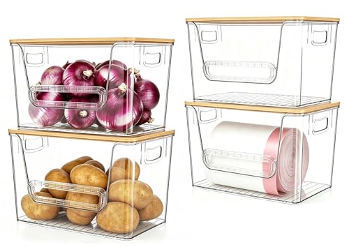 4 Pack Pantry Organizers and Storage with Bamboo Lids | Stackable Clear Plastic with Lid/Handle Trash Bag Holder for Vegetable,Fruit,Under Kitchen Sink Countertop Organizer - size: 4 Pack