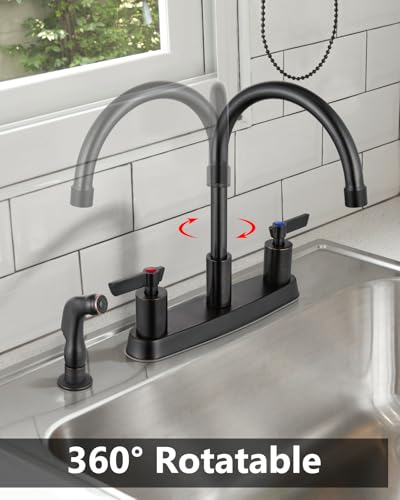 Kitchen Faucet with Side Sprayer, 8 Inch Centerset 4-Hole Bronze | Lead-Free 4-Hole High Arc Kitchen Sink Faucet, 1.8 GPM, 360° Spout - color: Bronze