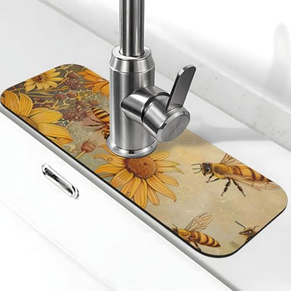 Rural Honey Bees flowers Printed Diatomite Kitchen Faucet Mat, Water Absorbent Sink Splash Guard, Quick Drying Faucet Pad , Non-Slip Sink Accessories for Kitchen Bathroom Counter (15" X 5.5" )