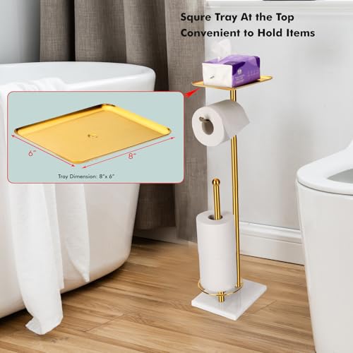 Toilet Paper Holder with Tray At the Top, Sturdy Marble Base No Wobby, Holding Extra 3 Toilet Paper Rolls As Spare Use, Freestanding No Drilling (Gold) - color: Gold