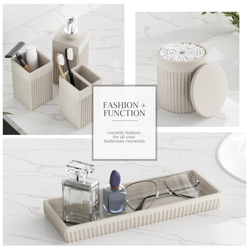 6-Piece Beige Bathroom Set - Sleek Resin Bathroom Accessories Set with Soap Dispenser, Toothbrush Holder, Vanity Tray, Tumbler & Apothecary Jars for Small Spaces - color: Beige