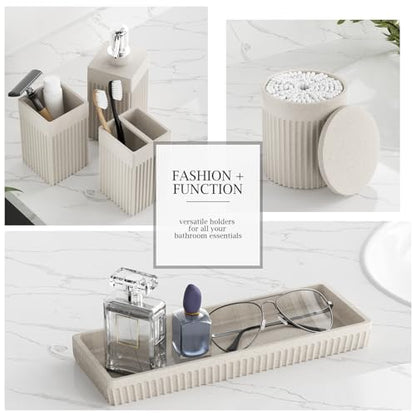 6-Piece Beige Bathroom Set - Sleek Resin Bathroom Accessories Set with Soap Dispenser, Toothbrush Holder, Vanity Tray, Tumbler & Apothecary Jars for Small Spaces - color: Beige
