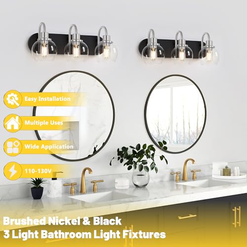 Dpyrrhic Modern 3-Light Vanity Light, Bathroom Lighting Fixture Over Mirror With Clear Glass Shade and Metal Base, Matte Black and Brushed Nickel - color: Black & Brushed Nickel, size: 3-Light