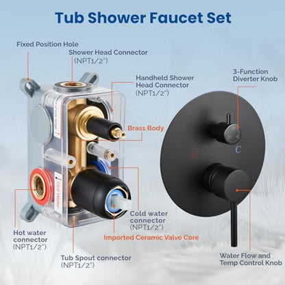 Airuida 3-Function Shower System with Tub Spout – Round Rainfall Shower Faucet Combo,Handheld Spray with 2 Functions,Includes Rough-In Valve with 360° Rotating Drain,12 Inch Shower Head,Matte Black - color: Matte Black, size: 12 Inch