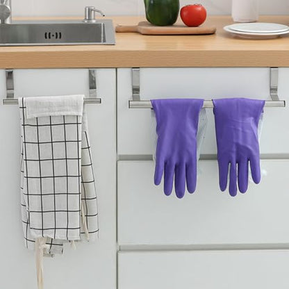 GLEAVI 2pcs Stainless Steel Stretch Towel Bars Adjustable Over Cabinet Door Hand Towel and Dish Cloth Holders Kitchen and Bathroom Rack Organizer