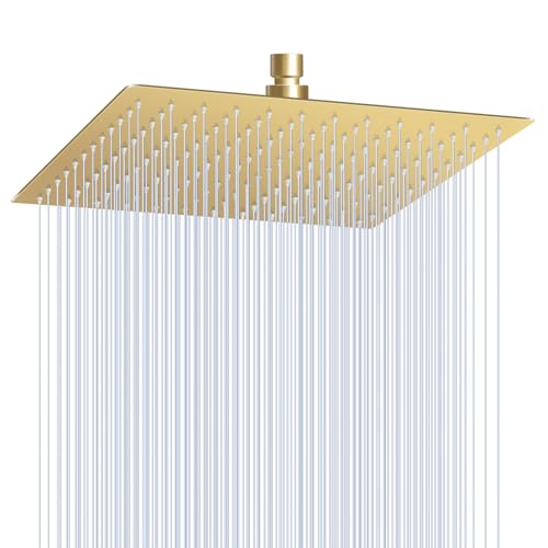 12 inch Brushed Gold Rain Shower Head - All Metal 304 Stainless Steel, Full Body Waterfall Shower with 144 Silicone Nozzles - Square Showerheads Ceiling or Wall Mount Modern Bathroom - color: Brushed Gold, size: 12 Inch Square