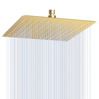 12 inch Brushed Gold Rain Shower Head - All Metal 304 Stainless Steel, Full Body Waterfall Shower with 144 Silicone Nozzles - Square Showerheads Ceiling or Wall Mount Modern Bathroom - color: Brushed Gold, size: 12 Inch Square
