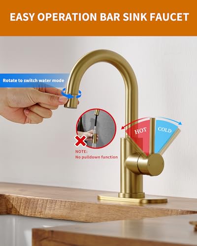 Tohlar Brushed Gold Bathroom Faucet with 2 Mode Sprayer | Bar Sink Faucet with Deck Plate for 1 or 3 Holes, 360° Swivel, with Pop Up Drain, for Vanity RV Laundry - color: Brushed Gold with Deck Plate