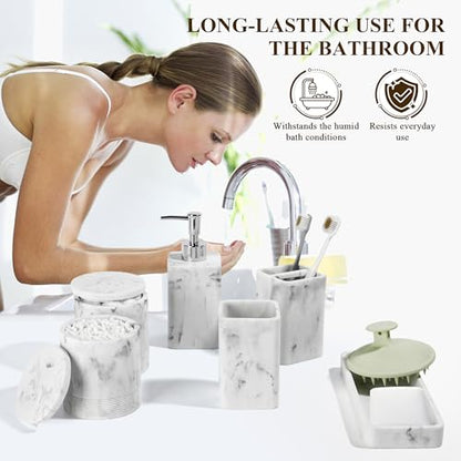 Bathroom Accessories Set, 6 Piece Soap Dispenser Set - Marble White | Bathroom Set with Toothbrush Holders, Soap Dispenser, Vanity Tray, Tumbler, Cotton Swab Jars, Bathroom Organizer and Storage - color: White