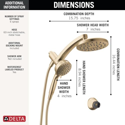 Delta 6-Setting PivotPro 3-in-1 Combination Shower Head with ProClean Spray, Brushed Gold Round Shower Head Rainfall with Handheld Spray, 1.75 GPM, Champagne Bronze 75649CZ - color: Champagne Bronze