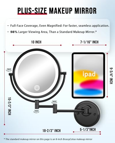 10" Large Brass Wall Mounted Lighted Makeup Mirror with 5X Magnification | 3 Color Touch Dimmable, 2-Sided Bathroom Vanity Extended Swing Arm 360 Rotation, Memory Function, Rechargeable, Matt Black - color: Matte Black