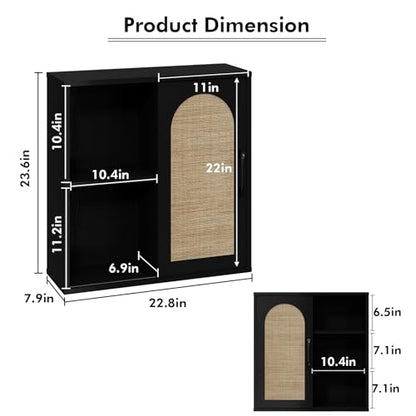 RUSTOWN Boho Rattan Bathroom Wall Cabinet with Sliding Door, Black | Farmhouse Bathroom Cabinet, Adjustable Shelves, Over The Toilet Storage Cabinet, 3-Tier Wall Mounted Cabinets - color: Black