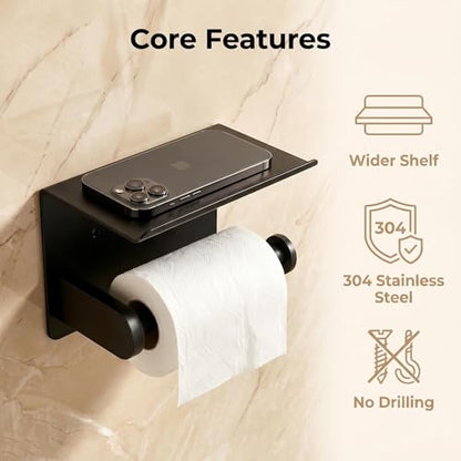 Toilet Paper Holder Wall Mounted with Phone Stand for Tissue Rolls | 2-in-1 Adhesive/Drill Mount Stainless Steel Bathroom Tissue Paper Dispenser, High Load Capacity, Easy Install