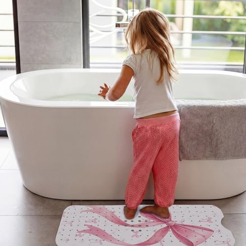 Breling Non-Slip Pink Bow Bathtub Shower Mat Extra Long (40" x 16") - Cute Bow Print Bath Mat with Drain Holes & Suction Cups, Machine Washable Coquette Preppy Bathmat for Bathroom Floor Women Girls - style: Pink Bow