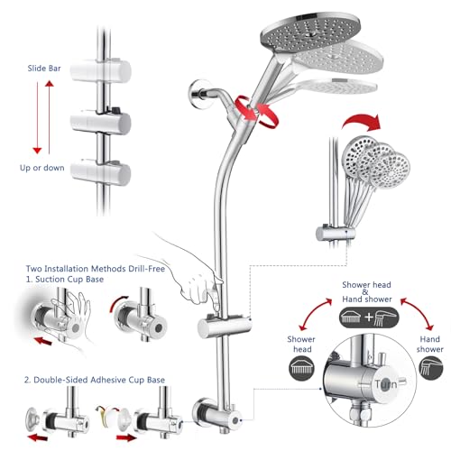 High Pressure Shower Head with Handheld Shower, 26" Adjustable Height Drill-Free Slide Bar, 3-Way Diverter for Easy Reach, Dual Shower Head Combo Set with 5ft Hose - Chrome - color: Chrome