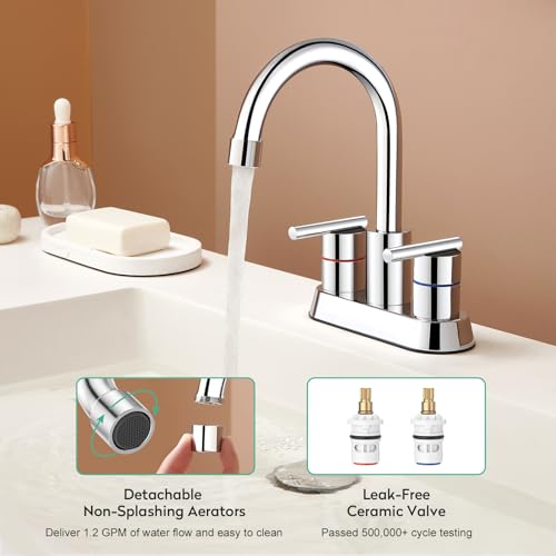 Faustina Polished Chrome Bathroom Faucet, 4 Inch Centerset Bathroom Faucet for Sink 2 Holes 3 Holes，Two Handles 304 Stainless Steel Faucet with Pup up Drain and 2 Water Supply Lines for RV Vanity - color: Chrome, style: Modern Centerset